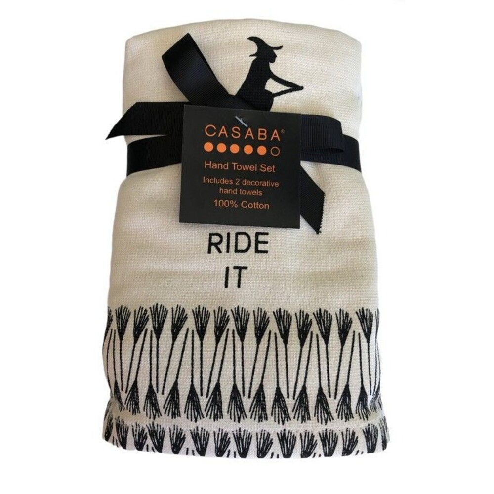 Casaba Halloween Witch Hand Towels Bath Set of 2 Witch Broom Beige Spooky Scary